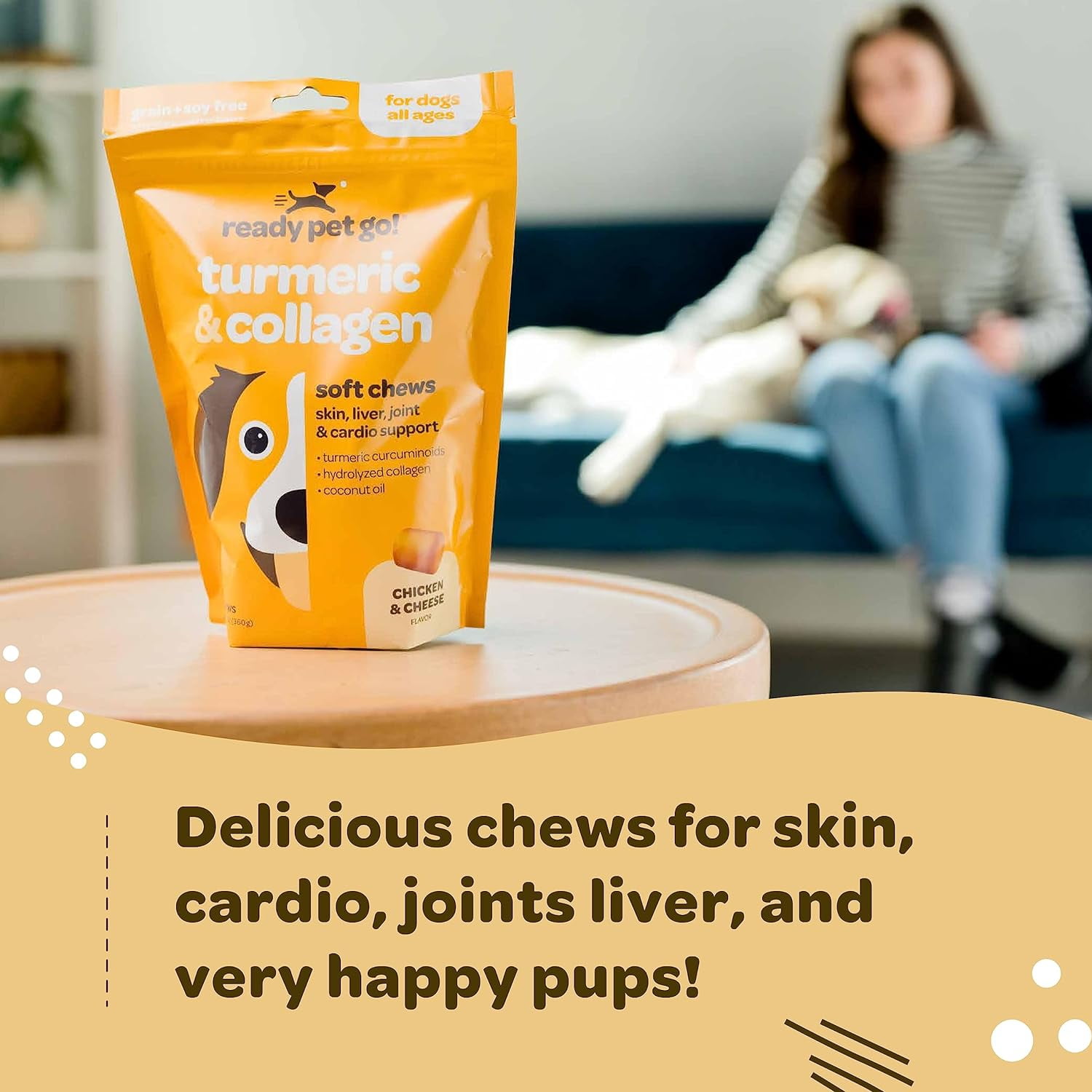 Ready Pet Go! Dog Treats, Turmeric Supplement & Collagen Chews for Dogs Hips and Joints, 90 Pc