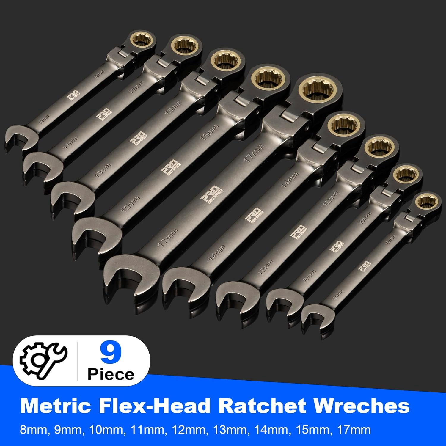 9-Piece Metric Flex-Head Ratchet Wrench Set, Cr-V Constructed with Black Nickel Plating, 8-17mm Swivel Head Ratcheting Combination Wrench Kit with Rolling Pouch
