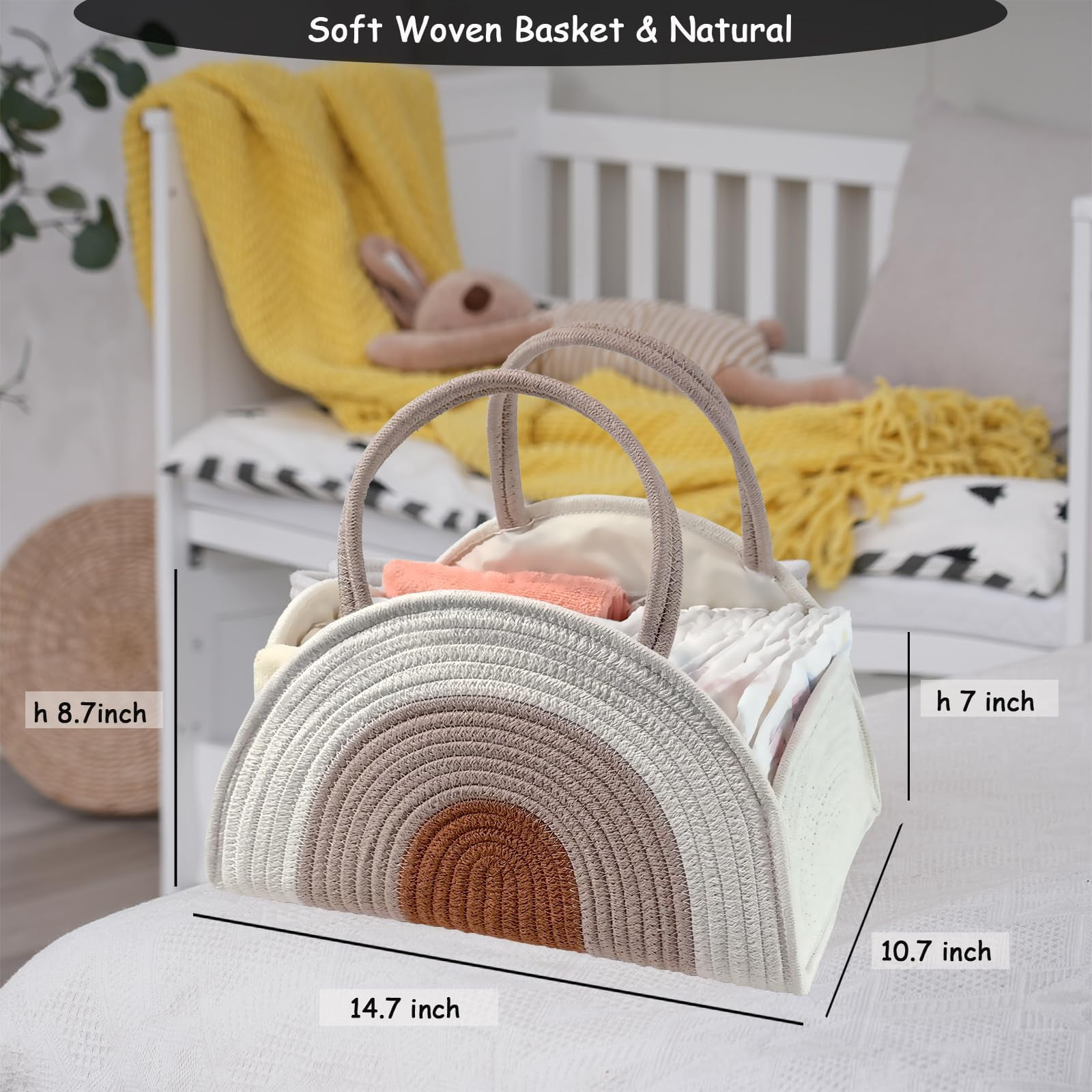 Diaper Caddy Organizer with Gift Bags and Ribbons - Sturdy Cotton Rope Basket for Baby Girl & Boy Newborn Essentials, Large Baby Gift Bag, Nursery Storage Caddy with Handles (white Brown)