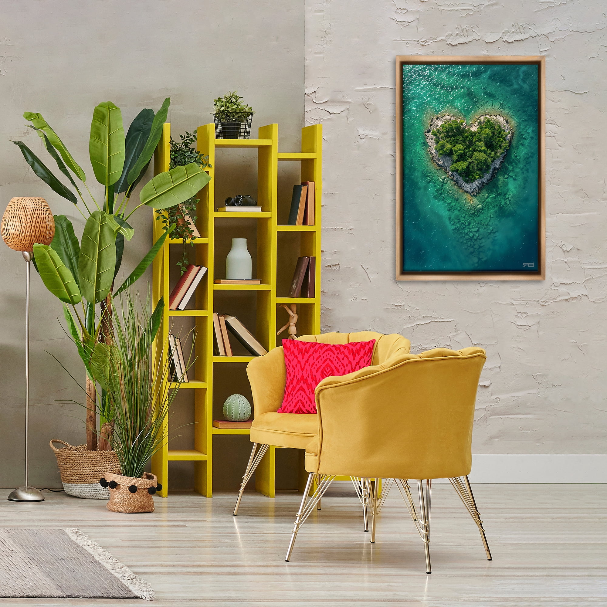Stupell Industries Heart Shaped Island Landscape & Nature Painting Brown Floater Framed Canvas Art Print Wall Art, 21 x 31