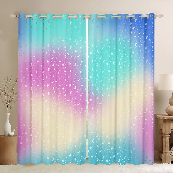 Homewish Dreamy Starry Sky Curtains Pack of 2 (42x84 Each), Kawaii Moon Stars Print Curtains Blackout, Teens Kids Boys Girls Bedroom Curtains, Window Curtains Home Decor