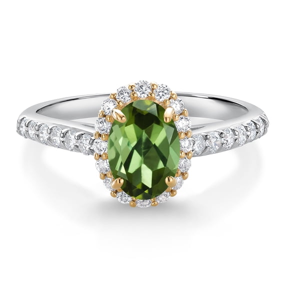 Gem Stone King 10K White Gold Green Tourmaline White White Lab Grown Diamond Halo Engagement Ring for Women (1.01 Cttw, Oval 7X5MM, Gemstone October Birthstone, Size 7)