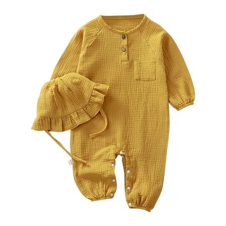 

URMAGIC 0-24 Months Newborn Infant Baby Girl Outfit Clothes Toddler Solid Cotton Long Sleeve Bodysuit Romper With Hat 2PCS Jumpsuit Set