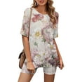 thumbnail image 1 of Ensemble 2 Pcs pour Femmes Mode Blouse Col Rond Manches Courtes Hauts Shorts Ensemble Décontracté Ensembles Femmes en Liquidation, 1 of 5