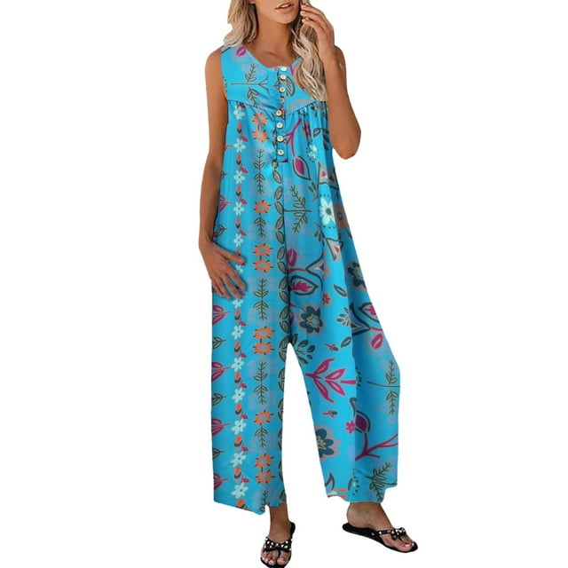 2DXuixsh Combinaison pour Femmes Mode Col Rond Imprimé Combinaisons Sans Manches Bouton Combinaison Pantalon Droit Poche Combinaisons Bleu Taille P
