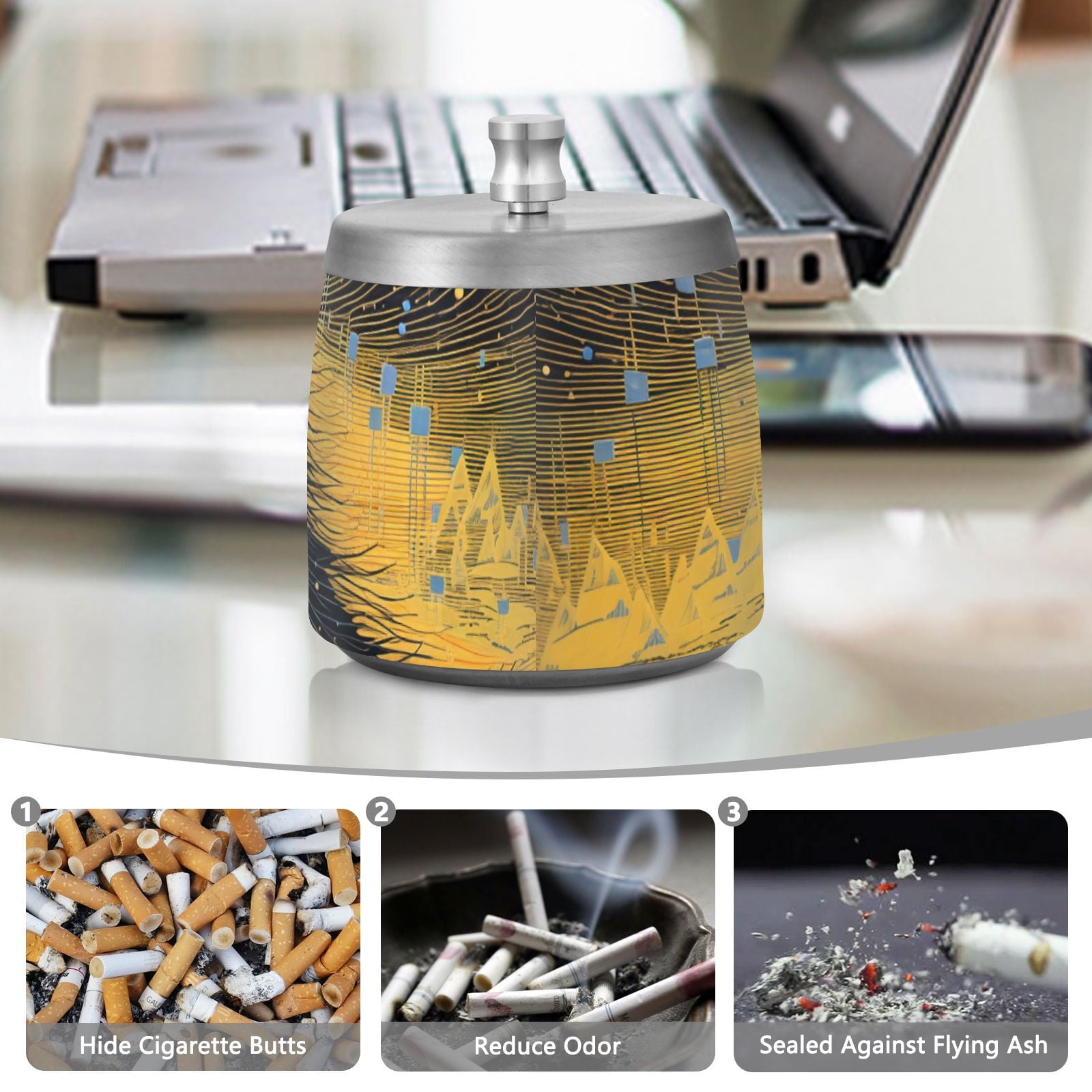 cigarette stub holder Wolf and Moon Ashtray with Lid Smell Proof Cigarette Ashtray Stainless  Steel Smokeless Ash Holder for Indoor Outdoor
