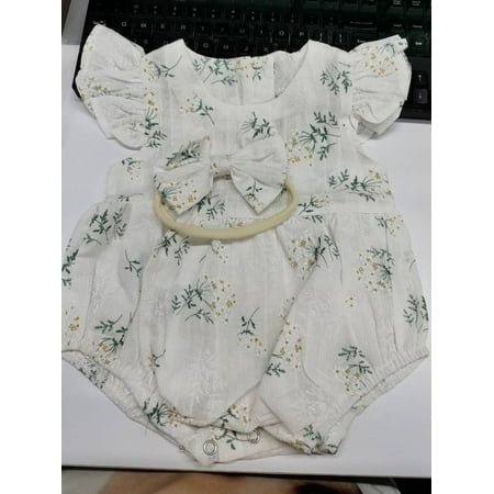 

Gwiyeopda Infant Baby Girl Floral Linen Cotton Romper Fly Sleeve Bodysuit Headband Outfit
