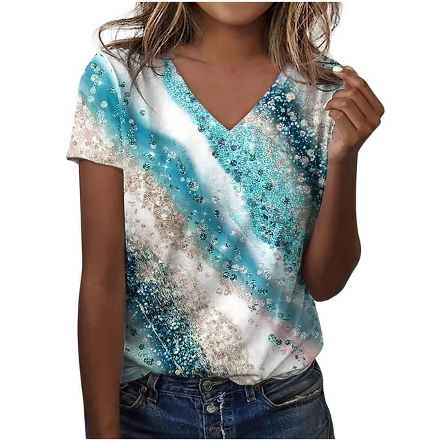 Pompotops Fashion Woman V-Neck Short Sleeve Blouse T-Shirt Summer Printing Loose Tops
