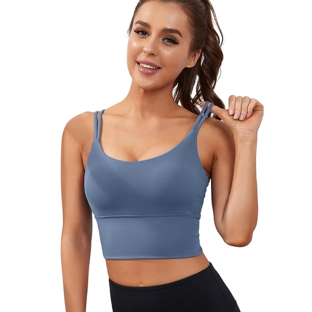 Sostenes Deportivos para Mujeres de Alto Soporte, Tank Tops Largos para Entrenamiento con Sujetador Integrado, Top de Yoga con Tirantes y Copas, Azul.
