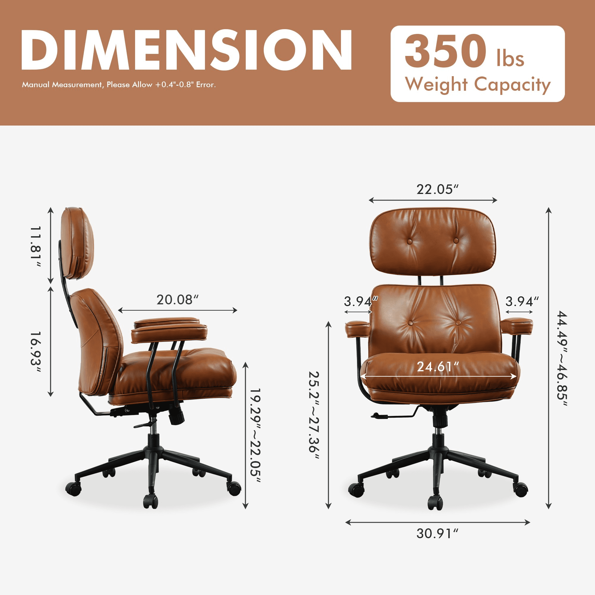 Vcatnet Ergonomic Executive Office Chair, High Back Computer Chair with Lumbar Support, PU Leather Mid-Century Modern Adjustable Home Office Desk Chair, Brown