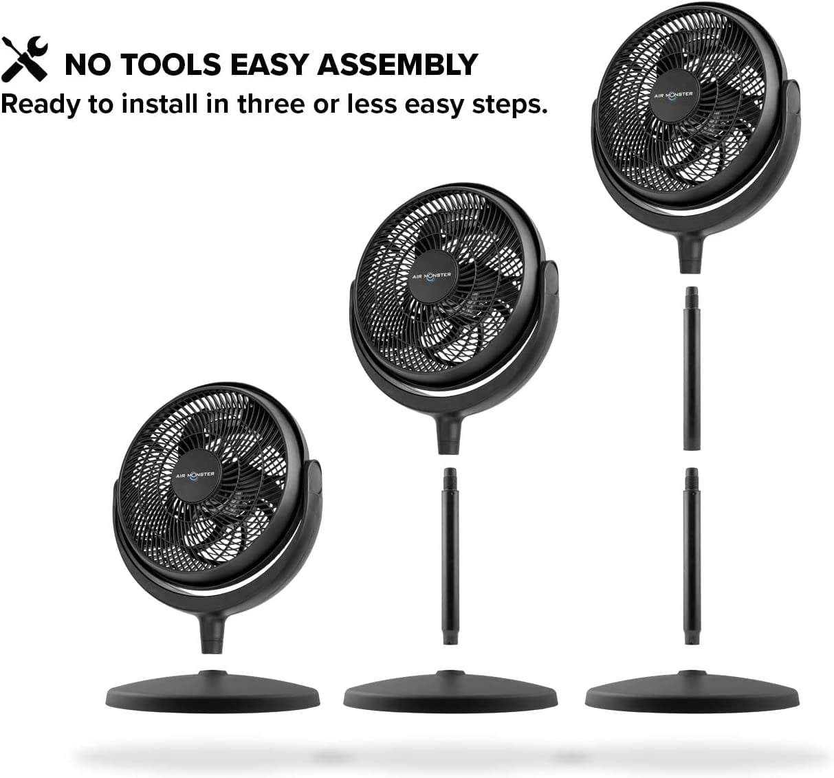 Air Monster 15750 12 Inch Power Stand Fan and Floor Fan, Room Fan, Turbo fan, Air Circulator Fan, 3 Speed Settings, High Velocity, Adjustable Tilt, Black