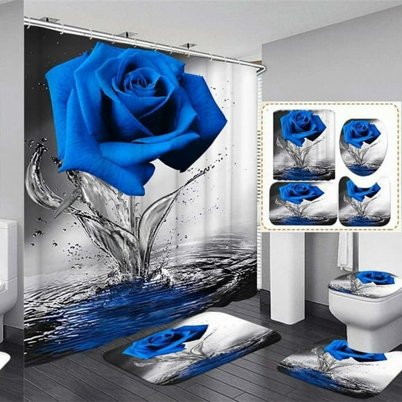 AquaBloom Bathroom Set: Modern Blue Rose Shower Curtain with Non-Slip Rugs, Bath Mat, Toilet Lid Cover, and 12 Strong Hooks for a Stylish Bathroom Upgrade