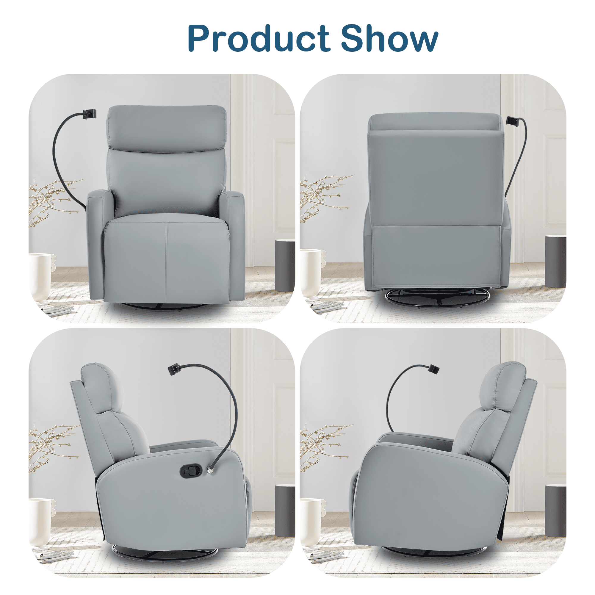 Dinosisco Swivel Recliner with Phone Holder, Faux Leather Glider Rocker, Home Theater Seat, Blue Gray