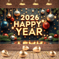 thumbnail image 6 of Golden Stars Happy Year Banner Christmas Ornaments 2026 New Year Display Pine Branches Shiny Lights Festive Backdrop for New Year Party Holiday Gathering Indoor Decoration, 6 of 9