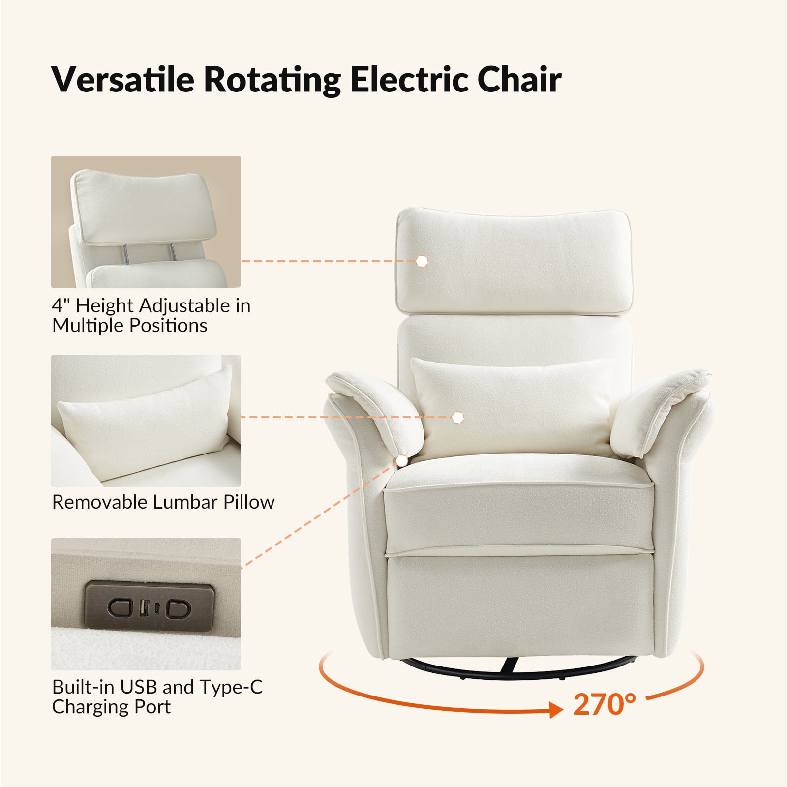 Nursery Recliner Chair Electric Power Glider Swivel Rocking with USB, Waterproof Stain-resistant, White