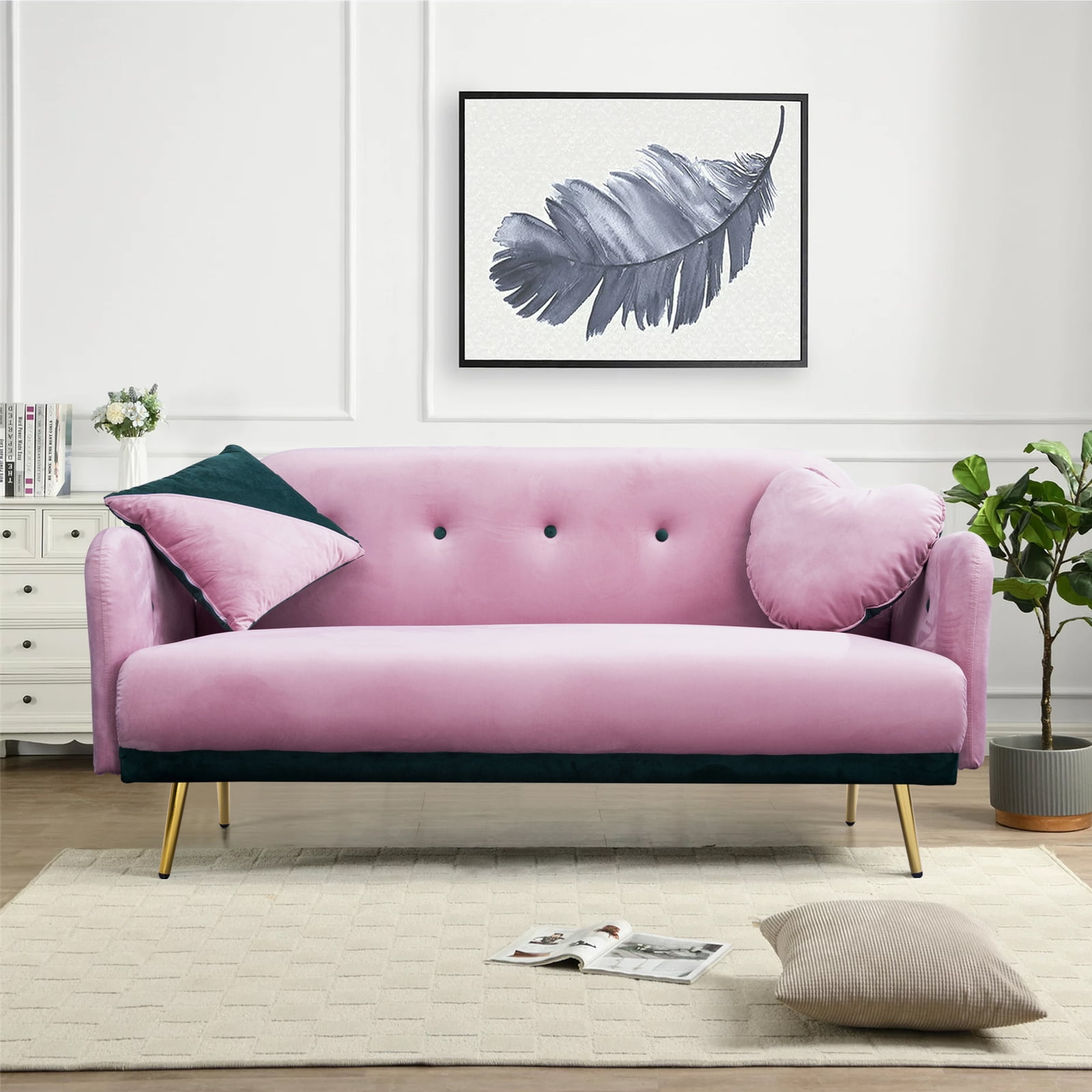 Velvet Sofa and Couch, 77.2" Modern Couch with Armrests and 2 Pillows