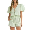 thumbnail image 2 of Aojekbee Women 2 Piece Outfits Plaid Print Tie Front Short Sleeves Tops and Elastic Shorts Club Streetwear Fashion Clothes, 2 of 9