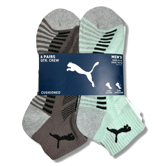 PUMA SOCKS MEN'S - QUARTER CUT - BLISS 253 - BROWN GREEN LARGE (10-13) PACK 6 XX