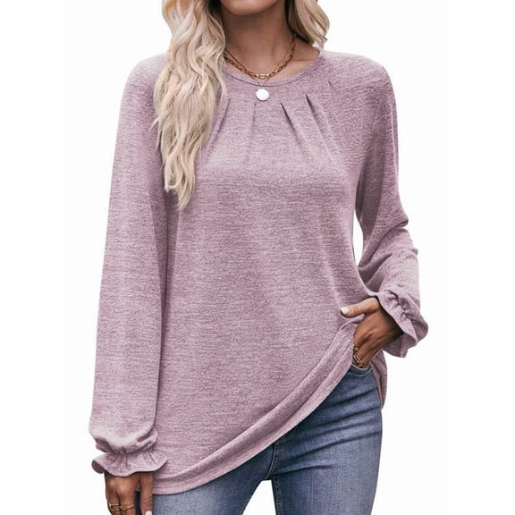 Long Sleeve Shirts for Women 2025 Fashion Fall Dressy Casual Blouses Pleated Crewneck Tunic Tops Light S