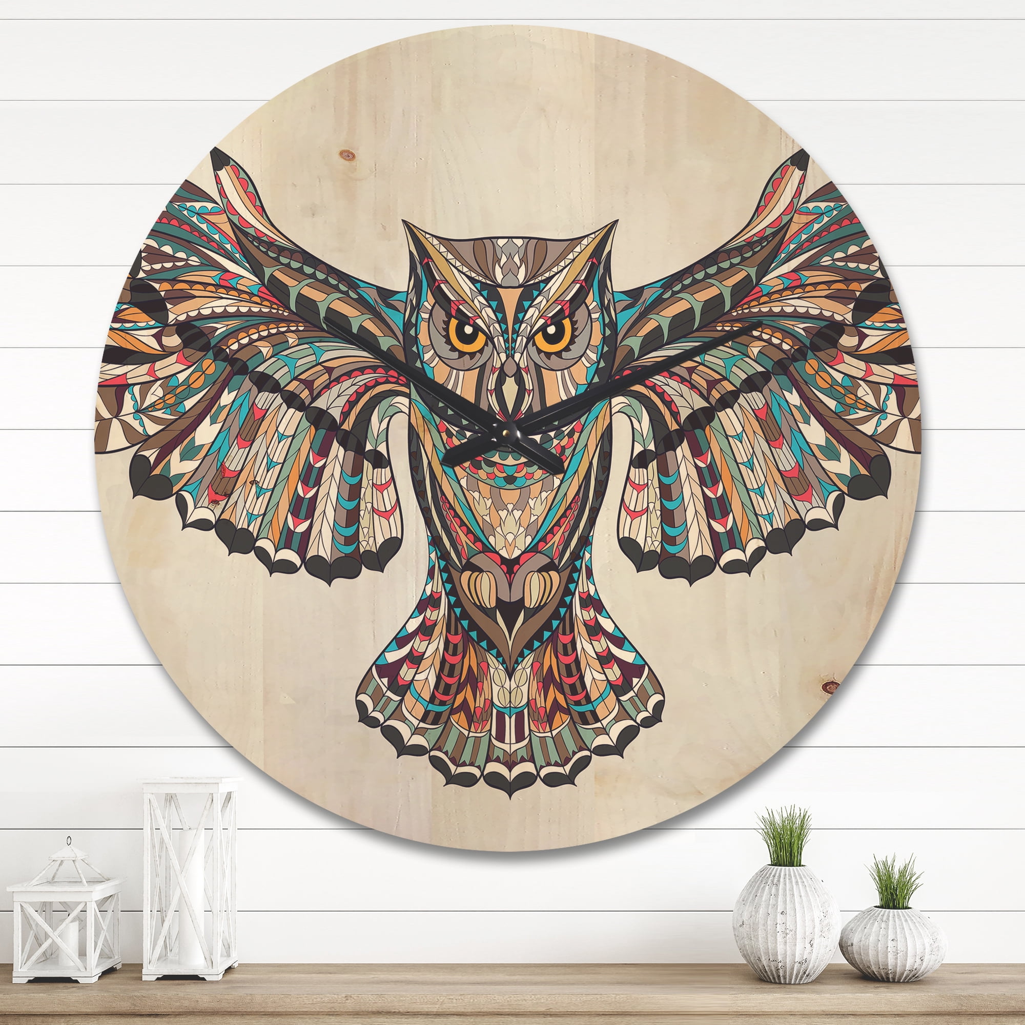 Designart 'Owl on the Grudge Pattern' Modern Wood Wall Clock