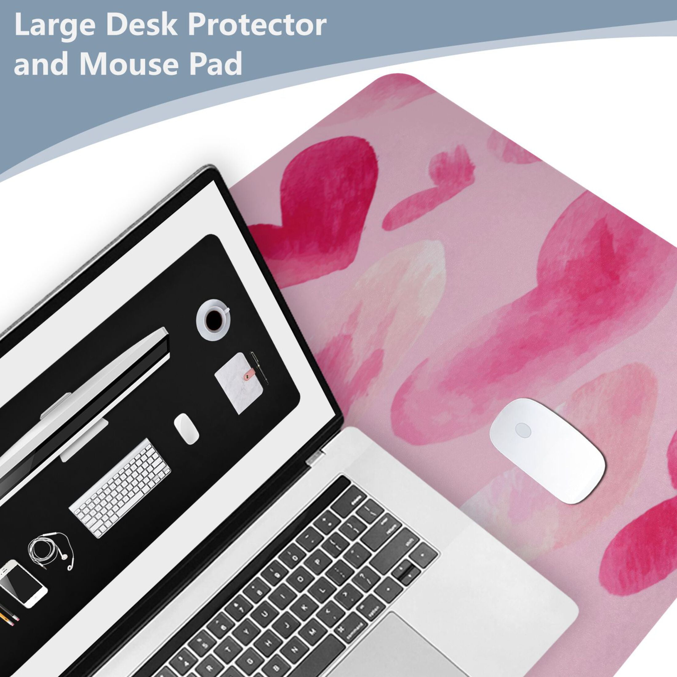 Leather Keyboard and Mouse Desk Mat Office Desk Accessories Protective Office Desk Decor Desk Pad Mat for Gaming, Work from Home, Office Hand-drawn Hearts 16.5" x 35.4"