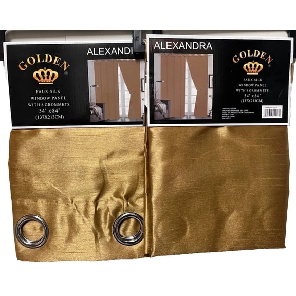 Set of 2 Grommet Top Faux Silk Curtain Panels, 84" Long, Gold