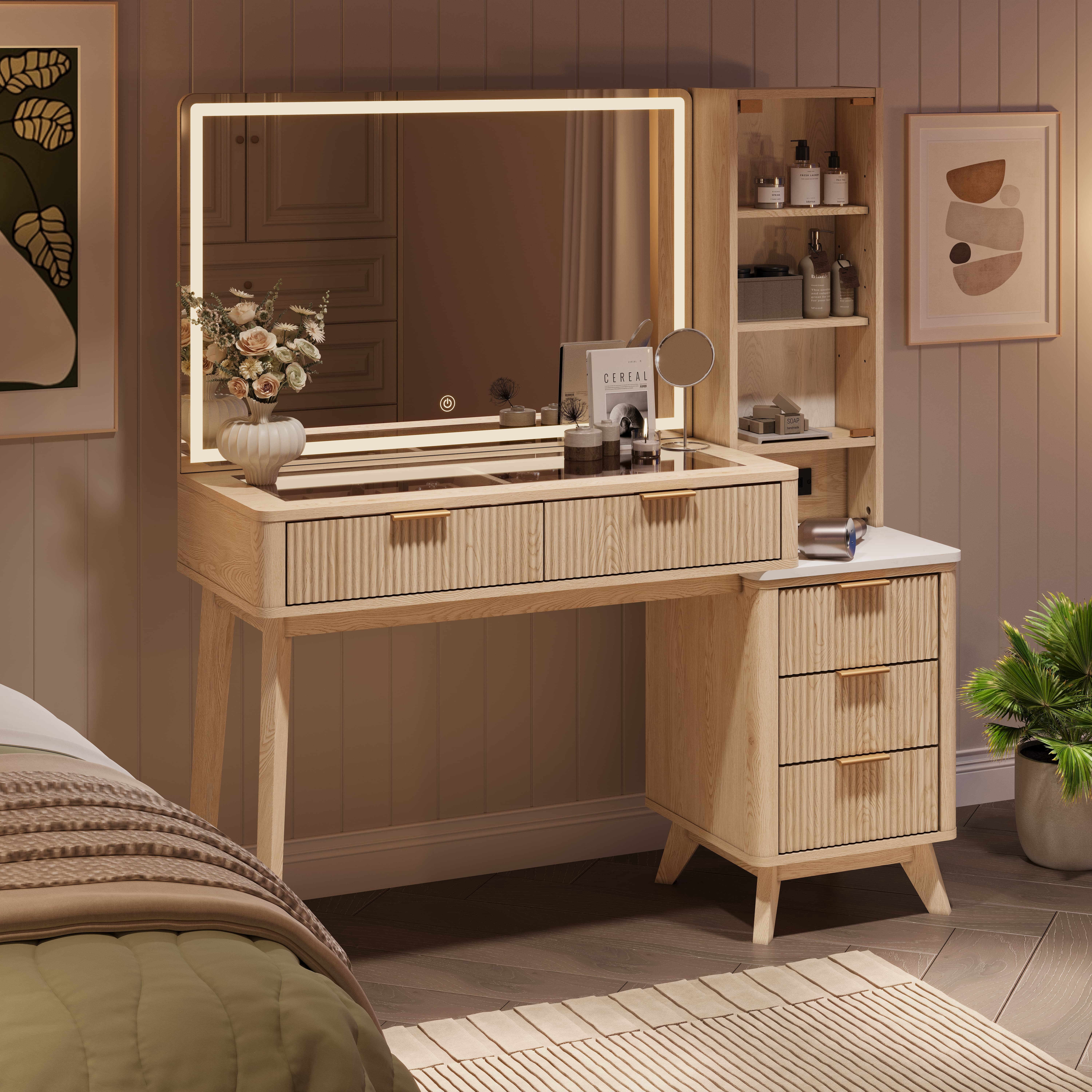 OKD 48" Fluted Vanity Desk with 36" Mirror and Lights, Modern Makeup Table with 5 Drawers, Charging Station, Adjustable Shelves - Oak
