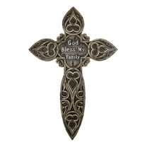 Rustic Western God Bless My Family Faux Wooden Tooled Scrollwork Wall Cross