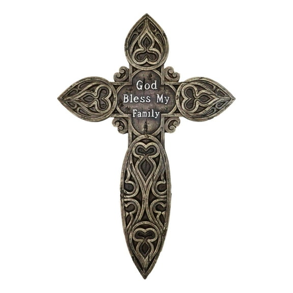 Rustic Western God Bless My Family Faux Wooden Tooled Scrollwork Wall Cross