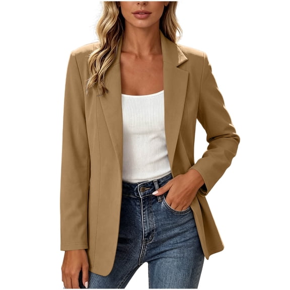 Stamzod Suit Jackets for Women Lapel Open Front Long Sleeve Blazer Jacket Business Casual Work Office Blazers Khaki B L