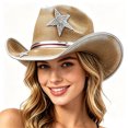 thumbnail image 3 of Cowboy Hat Western Mens Classic Straw French Hat Cowgirl Women Summer Rancher Hats with 10cm Wide Brim, 3 of 6