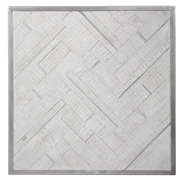 MY SWANKY HOME Elegant Whitewashed Pine Wood Herringbone Wall Art Panel 24 in Square Silver