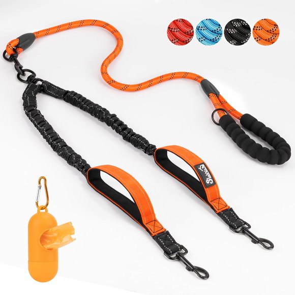 SlowTon Laisse Double pour Chien Sans Enchevêtrement - Pivotante à 360°, Plomb Réfléchissant Robuste avec Deux Poignées Rembourrées, Double Séparateur pour Chien, Confortable et Absorbant les Chocs pour l'Entraînement à la Marche pour 2 Petits et Moyens Chiens (8-35 lbs)