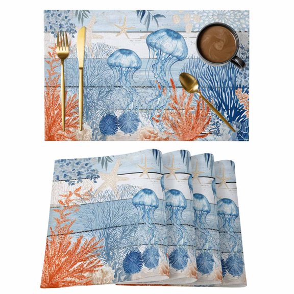 Blue Coastal Jellyfish Placemats Set of 8 Nautical Marine Life Botanical Leaf Place Mats Indoor Wipeable Table Mats Washable Dining Table Placemats for Kitchen Holiday Party Home Decor 13x19 Inch