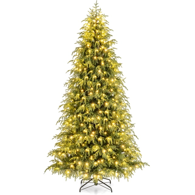 Costway 8 FT Artificial Christmas Tree with 1470 Branch Tips, 470 Warm White LED Lights