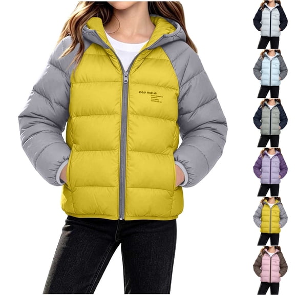 Nugftut Girls Jacket Size 9 Years Winter Hooded Colorblock Puffer Jacket Zip-Up Quilted Warm Windproof Coat Outwear