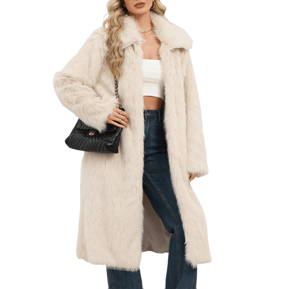 Stichou Women's Faux Fur Jackets & Coats Long Fall Winter Fluffy Open Front Luxury Jacket Turn-Down Collar Warm Overcoat Beige 2XL