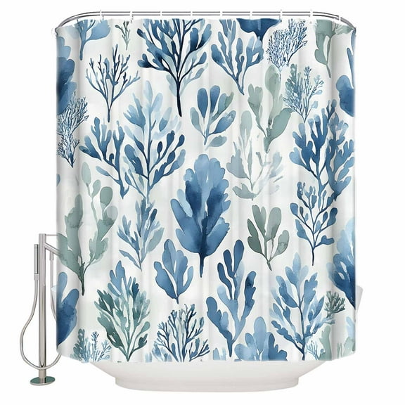 Extra Long Shower Curtain 72x96 Inch, Blue Green Botanical Art Shower Curtain Waterproof Bathroom Decor Watercolor Leaf Elegant Pastoral Fabric Bath Curtain Set Accessories with Hooks