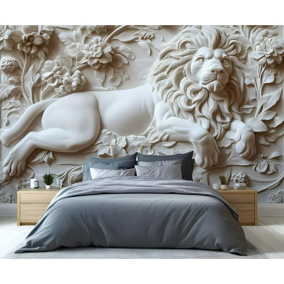 Relief Animal Lion Wall Mural, Stereo Relief Flower 3D Wallpaper, Nordic Modern Art Wall Sticker Wall Decor For Bedroom Living Room Children's Room 79"W x 55"H (Not Peel and Stick)