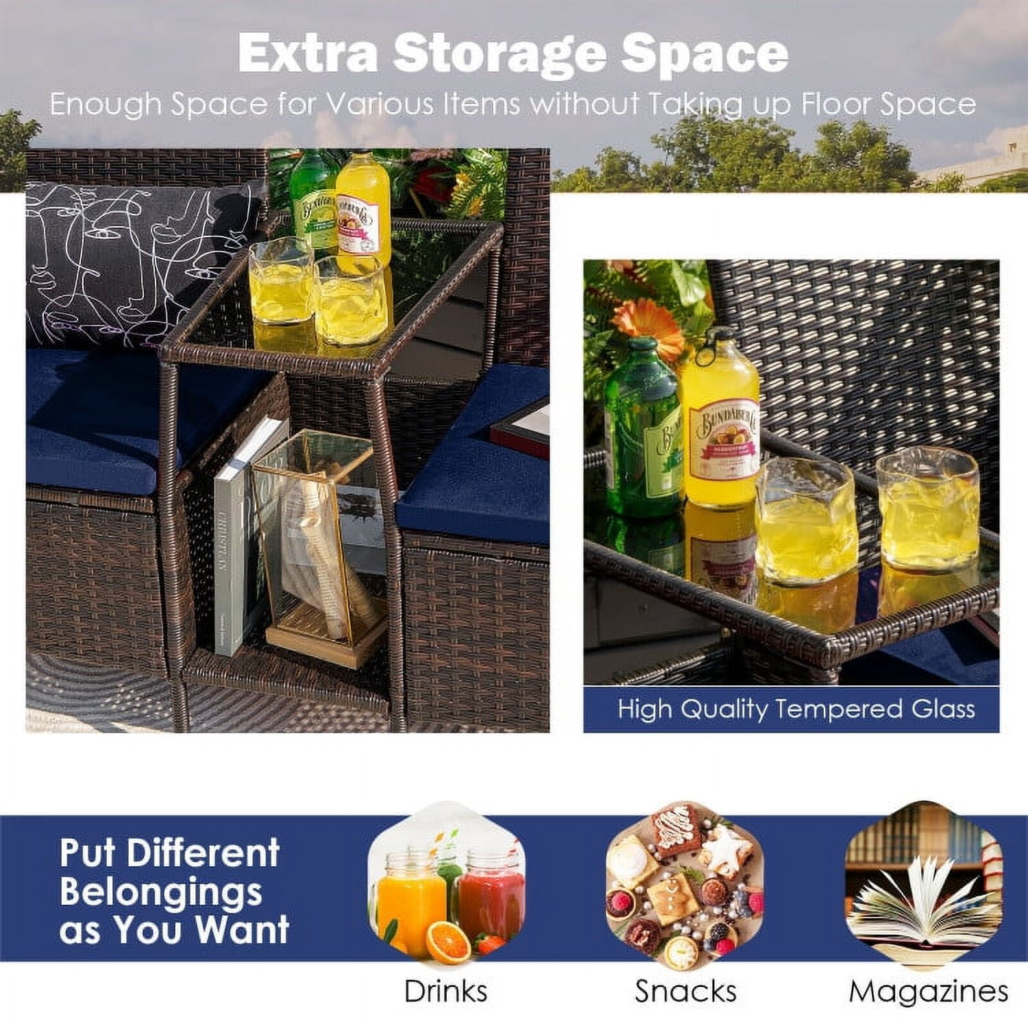 Aimee Lii Rattaner Outdoor Patio Furniture, Patio Rattan Wicker Conversation Set Sofa Cushioned Loveseat Glass Table, Navy Aimee Lii Rattaner Outdoor Patio Furniture, Patio Rattan Wicker Conversation Set Sofa Cushioned Loveseat Glass Table, Navy