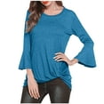 thumbnail image 2 of Royisotas Casual Womens Plus Size Tops Blue Solid Color Fall and Winter Long Sleeve Womens Blouse Flare Sleeve Tunic Crew Neck Tshirts Shirts, 2 of 3