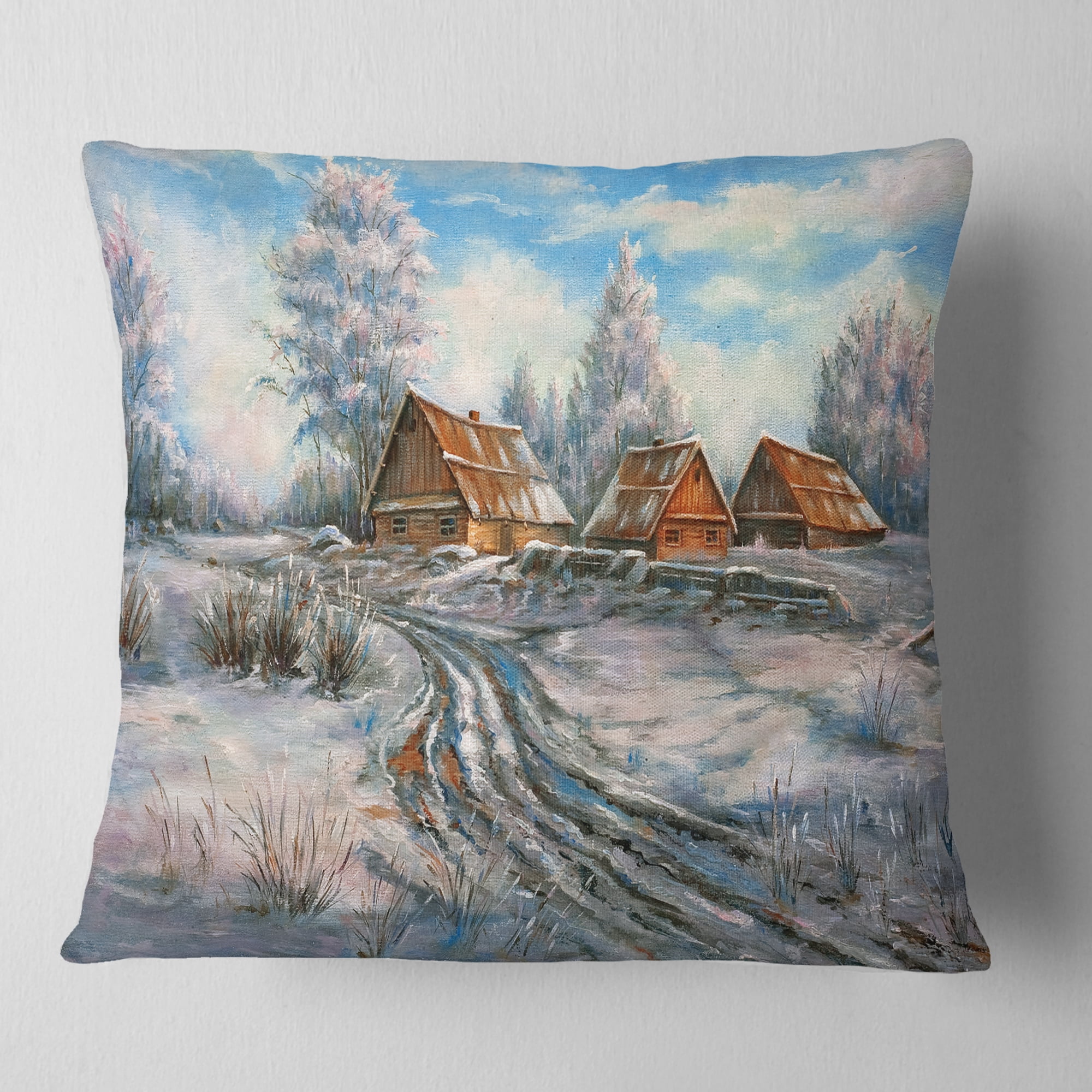 Designart Snow Village - Landscape Printed Throw Pillow - 16x16