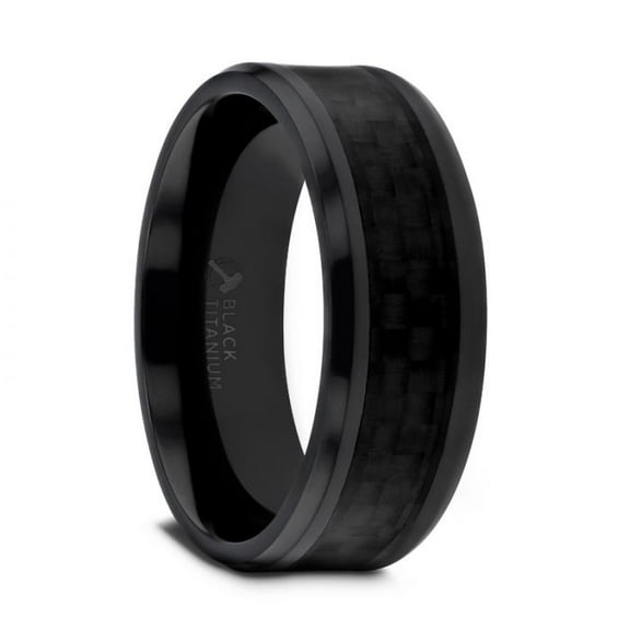 Thorsten OXYN 8mm Black Titanium Polished Beveled Edges Black Carbon Fiber Inlaid Wedding Band