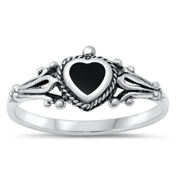 CHOOSE YOUR COLOR Vintage Heart Simulated Black Onyx Ring .925 Sterling Silver Band CZ Female Size 9