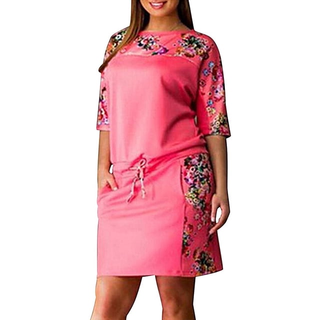 B91xZ Robes Printemps Été Femmes Manches Courtes Robes Maxi Amples Décontractées Longues avec Poches, Rouge TTG