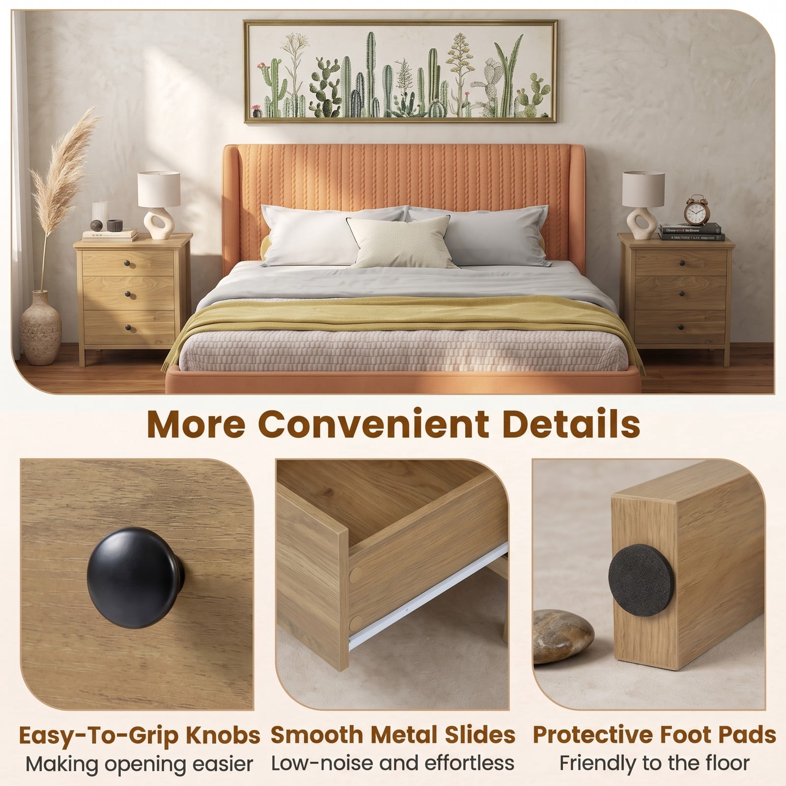 Furnibear 3-Drawer Wooden Nightstand with Wide Tabletop and Smooth Metal Slides for Bedroom Living Room and Study, Natural