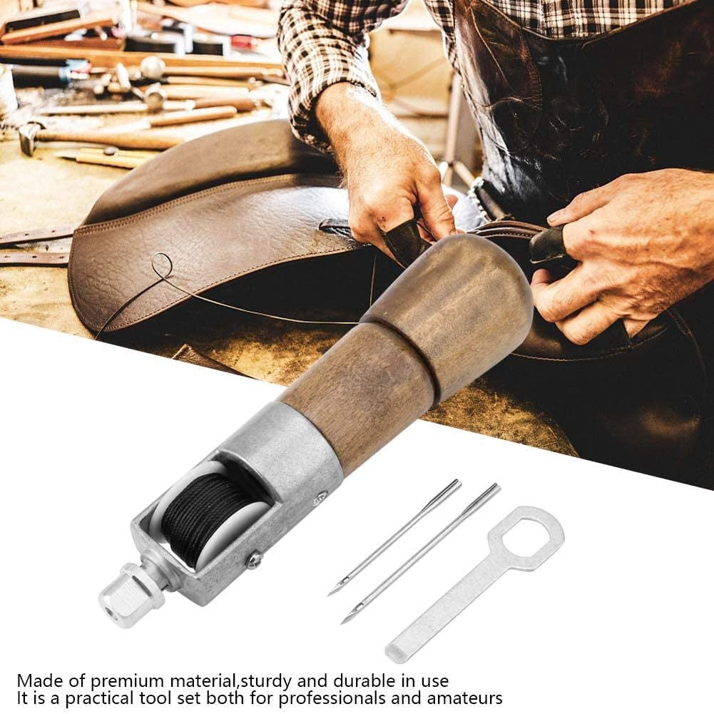 ABCISI Leather Sewing Awl Hand Stitcher with Craft Accessories Set, Hand Awl Tool, 2 Sizes Needles and Wrench for Quick Belt Repair lockstitch, DIY Craft, Leather, Heavy Fabric, Canvas, Bags