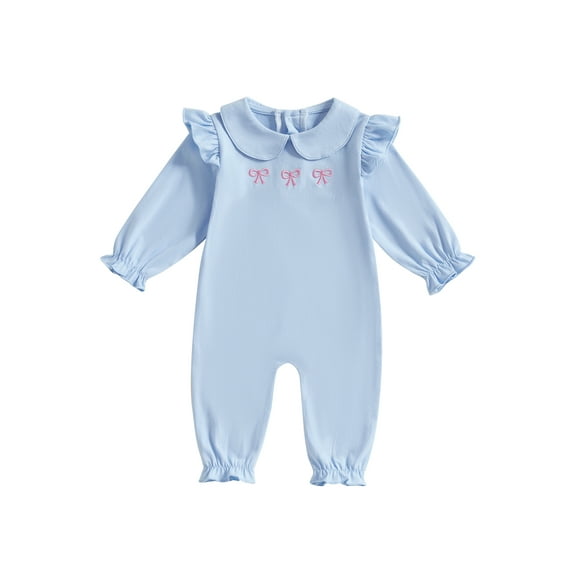 Michellecmm Baby Girls Spring Autumn Romper Long Sleeve Doll Collar Bow Embroidery Jumpsuit