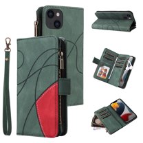 Case for Apple iPhone 15 Plus,Decase Luxury Zipper Wallet Folio PU Leather Card Slots Holder Case Retro Style With Hand Strap,Full Body Protection Phone Shell,for iPhone 15 Plus - Green
