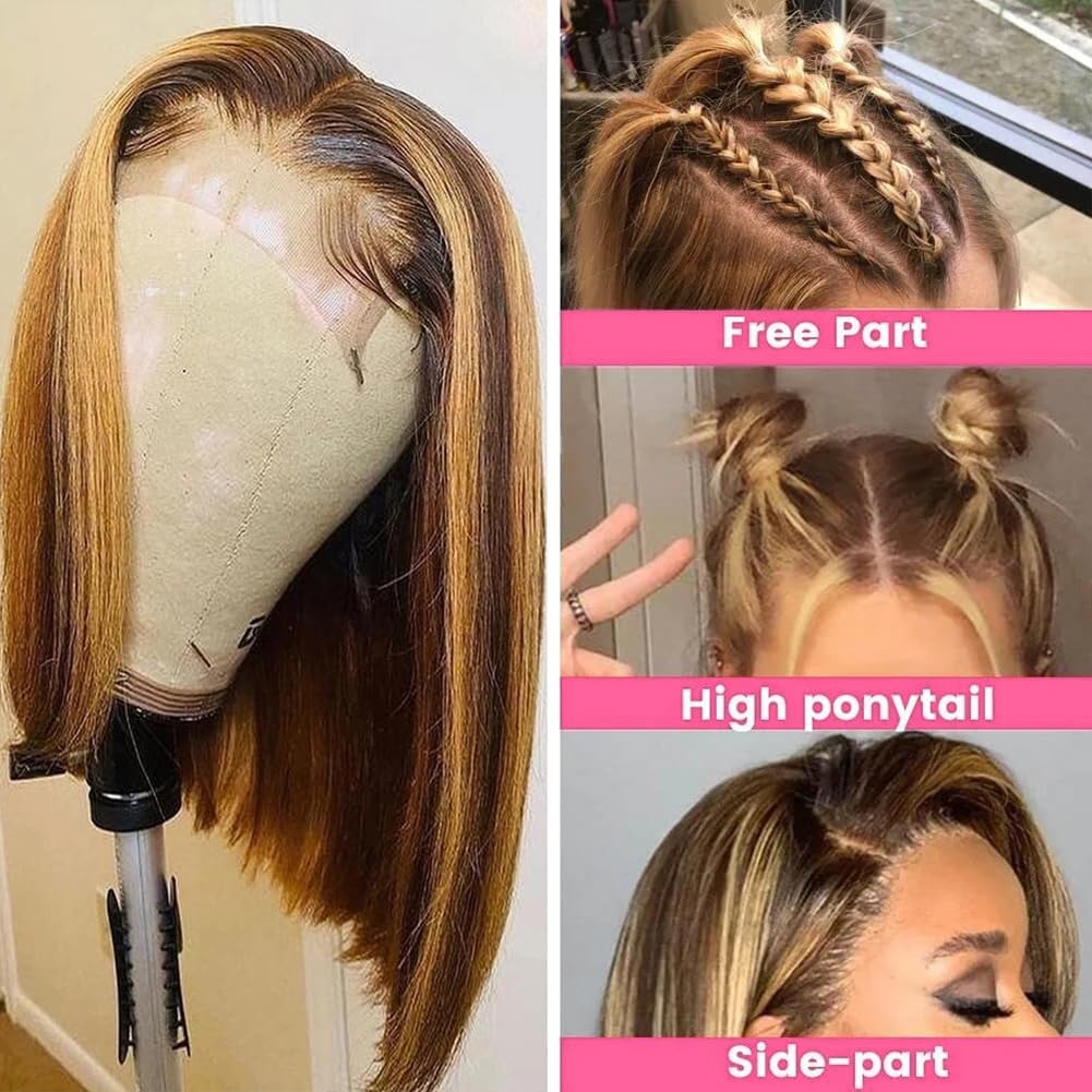 Highlight Ombre, 13x4 Lace Front, Glueless Short Bob Human Hair Wig, P4/27 Honey Blonde 8inch